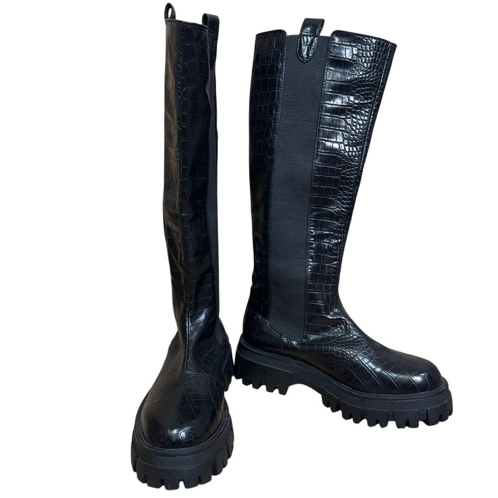 Azalea Wang Kensington Croc Embossed Knee High Boots Chunky Sole Black Size 9